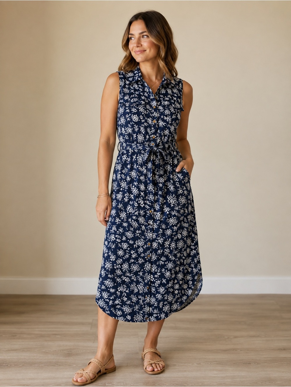 Cottagecore Floral Button Front Midi Dress Medium Navy White Tie Waist